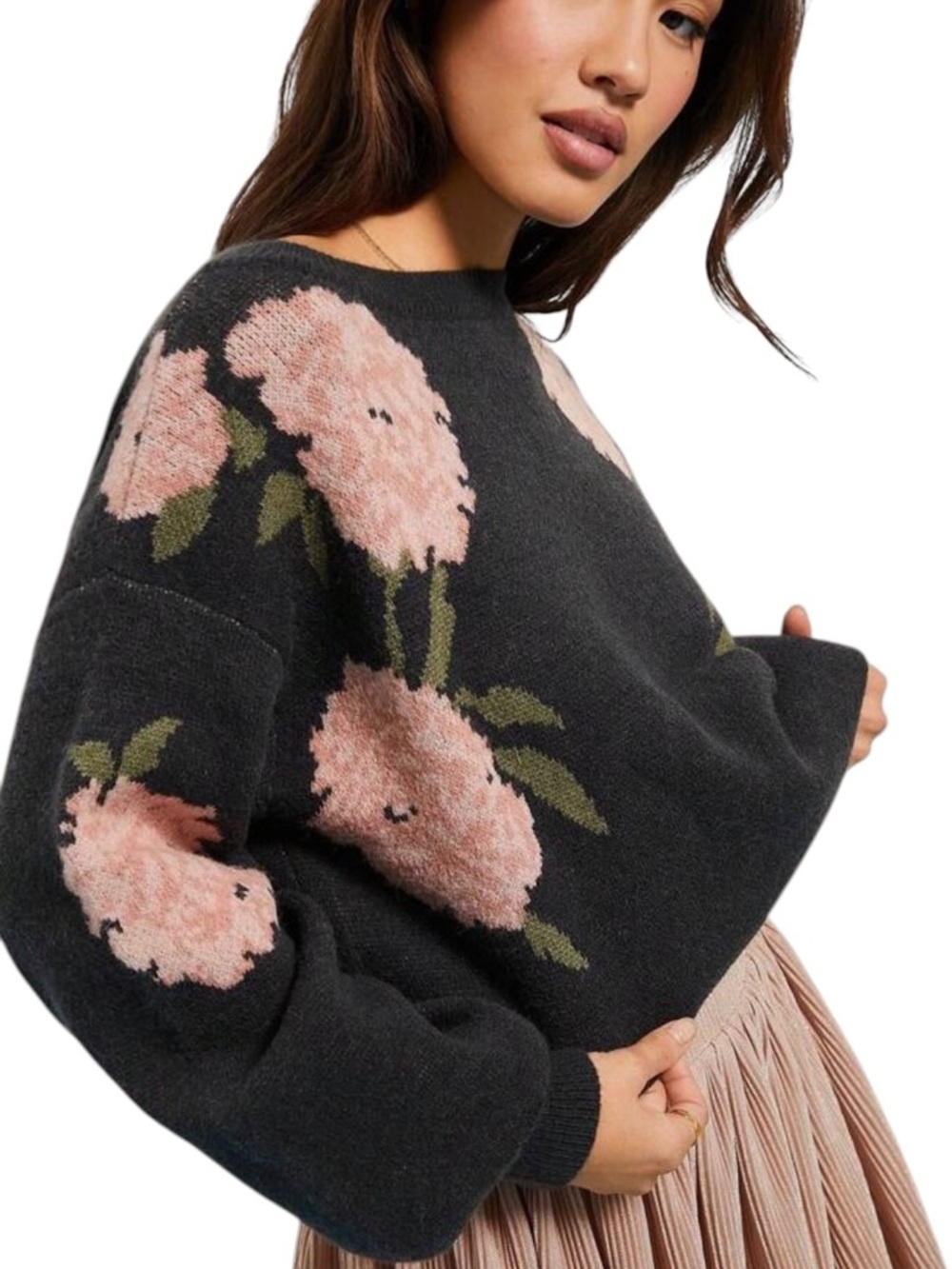 WESTFADE Womens Floral Boat Neck Knit Sweater Grey w/Pink Flowers Size Large